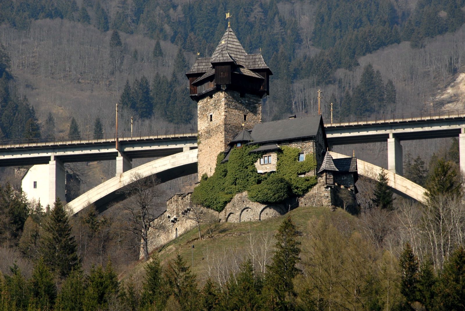 Burg Niederfalkenstein bei Obervellach vor dem Viadukt der Tauernbahn im Mölltal.