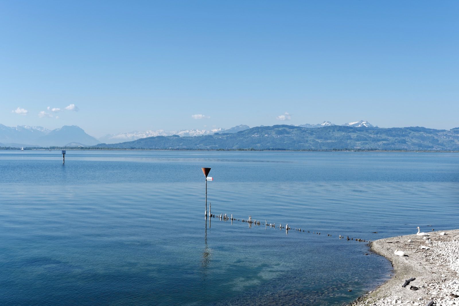 Blick über den Bodensee bei Lindau auf die schneebedeckten Alpen.