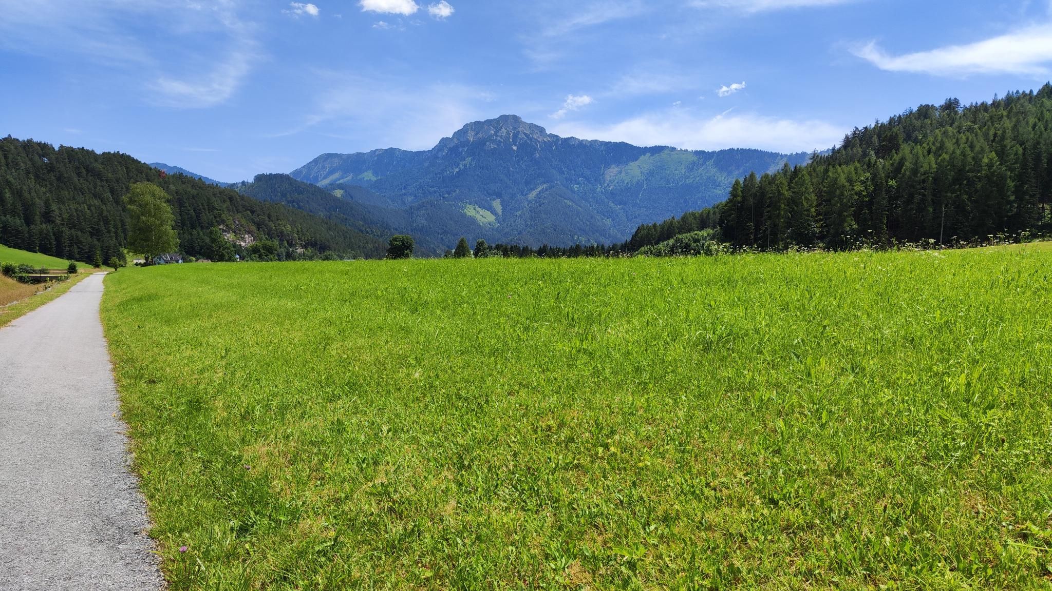 Der Traisentalradweg durch die Wiesen im oberen Traisental mit Blick auf die Voralpen
