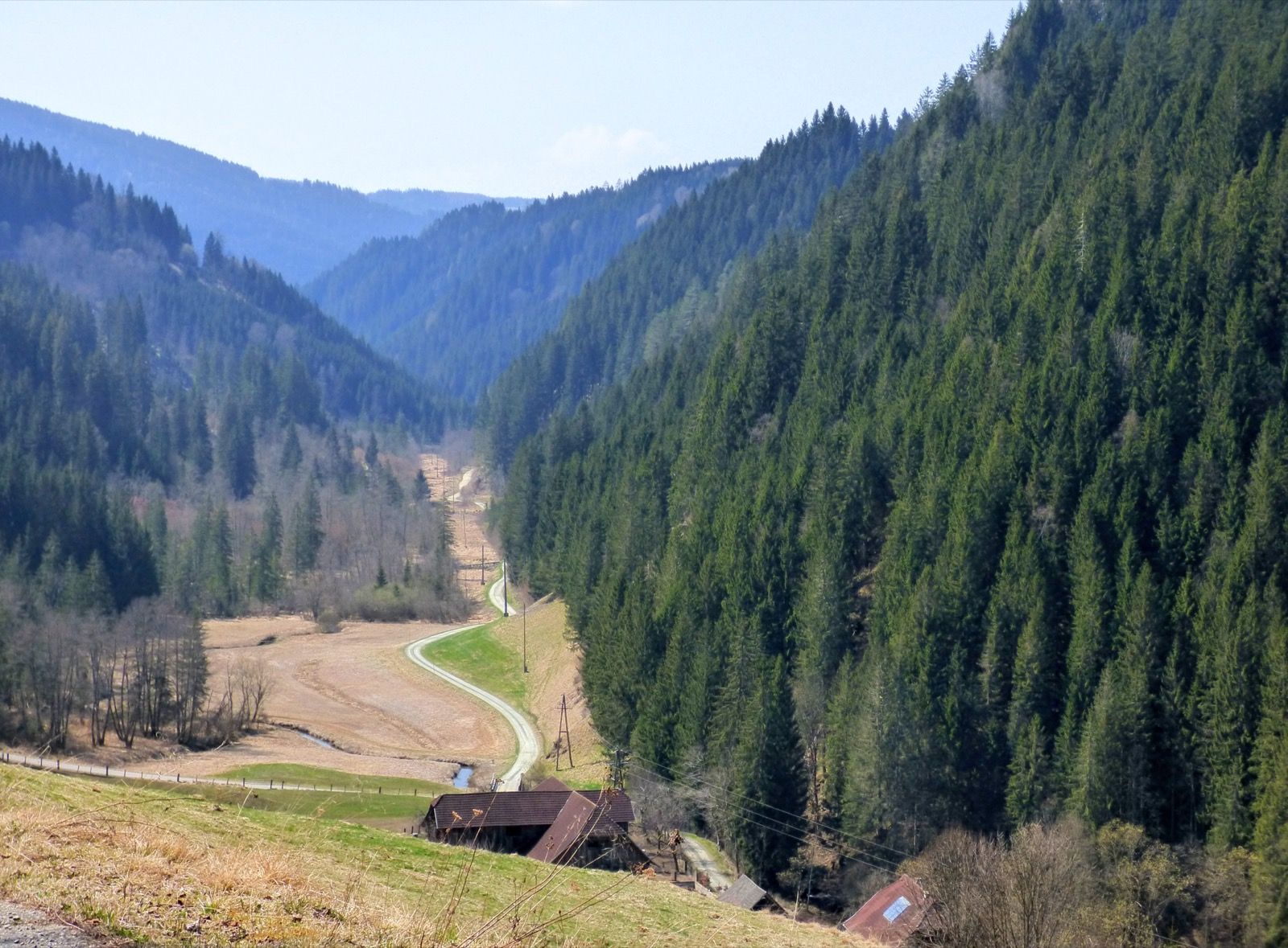 Blick über das bewaldete Wimitztal - das stille, wenig erschlossene Kerbtal, durch das die mittlere Etappe des Wimitzerwegs führt.