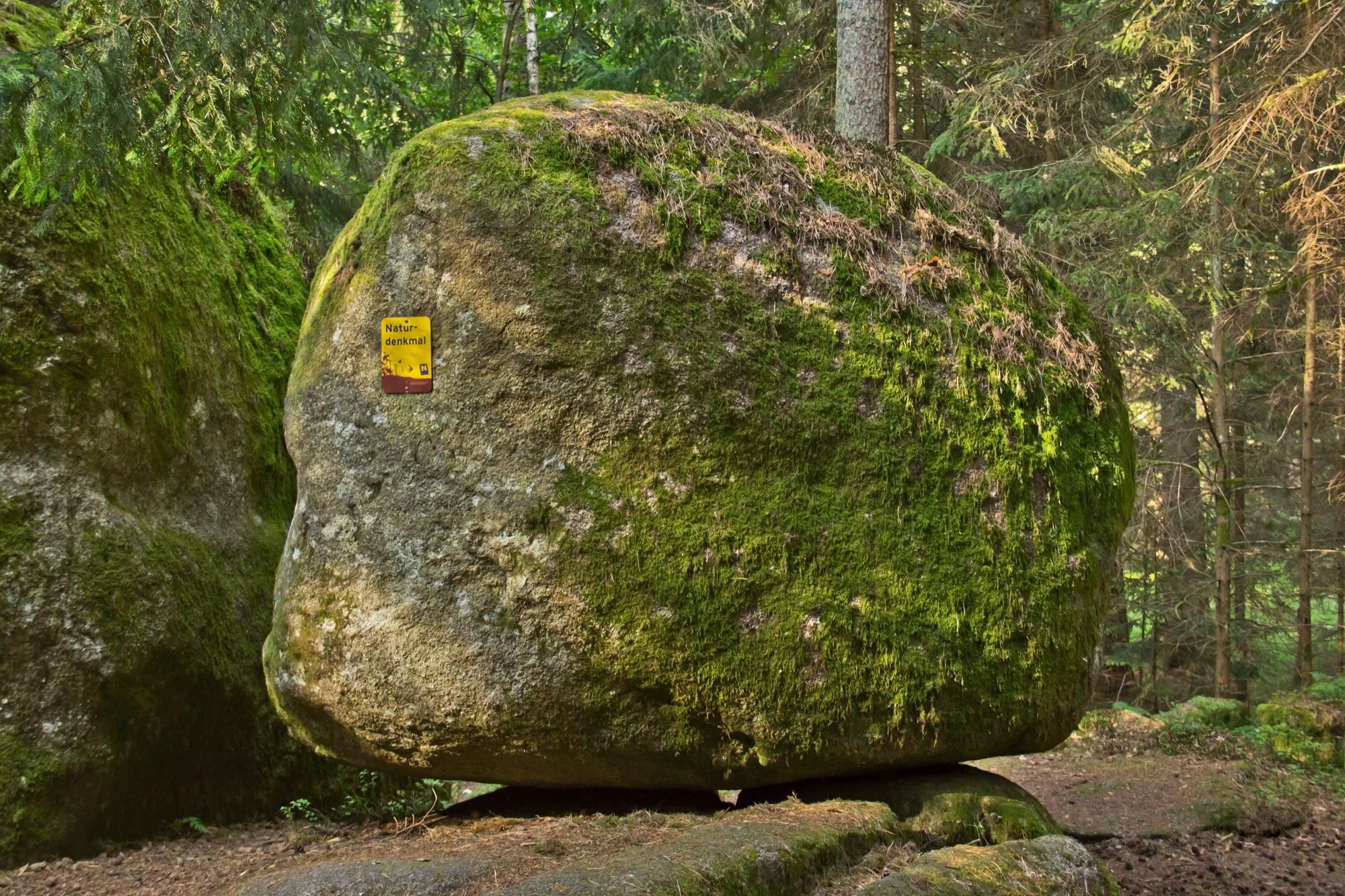 Granit-Wahrzeichen: ein Wackelstein im Naturpark Blockheide bei Gmünd - die vom Wetter gerundeten Granitblöcke sind das Symbol des Waldviertels